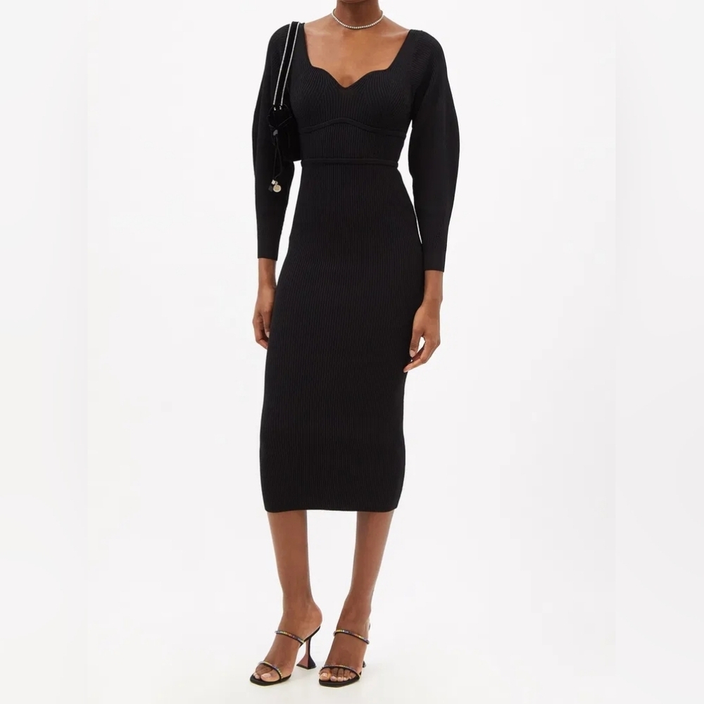 SELF-PORTRAIT Sweetheart-Neck Ribbed-Knit bodycon Midi Dress